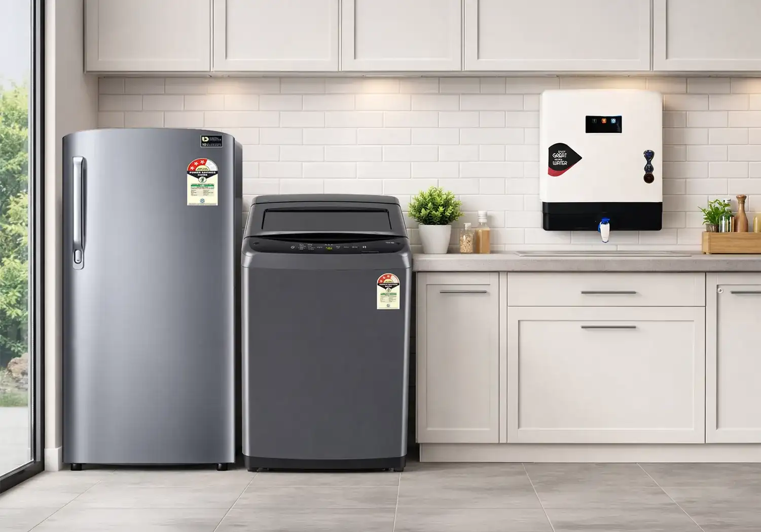 Single Door Fridge, Top Load Washing Machine & RO Combo